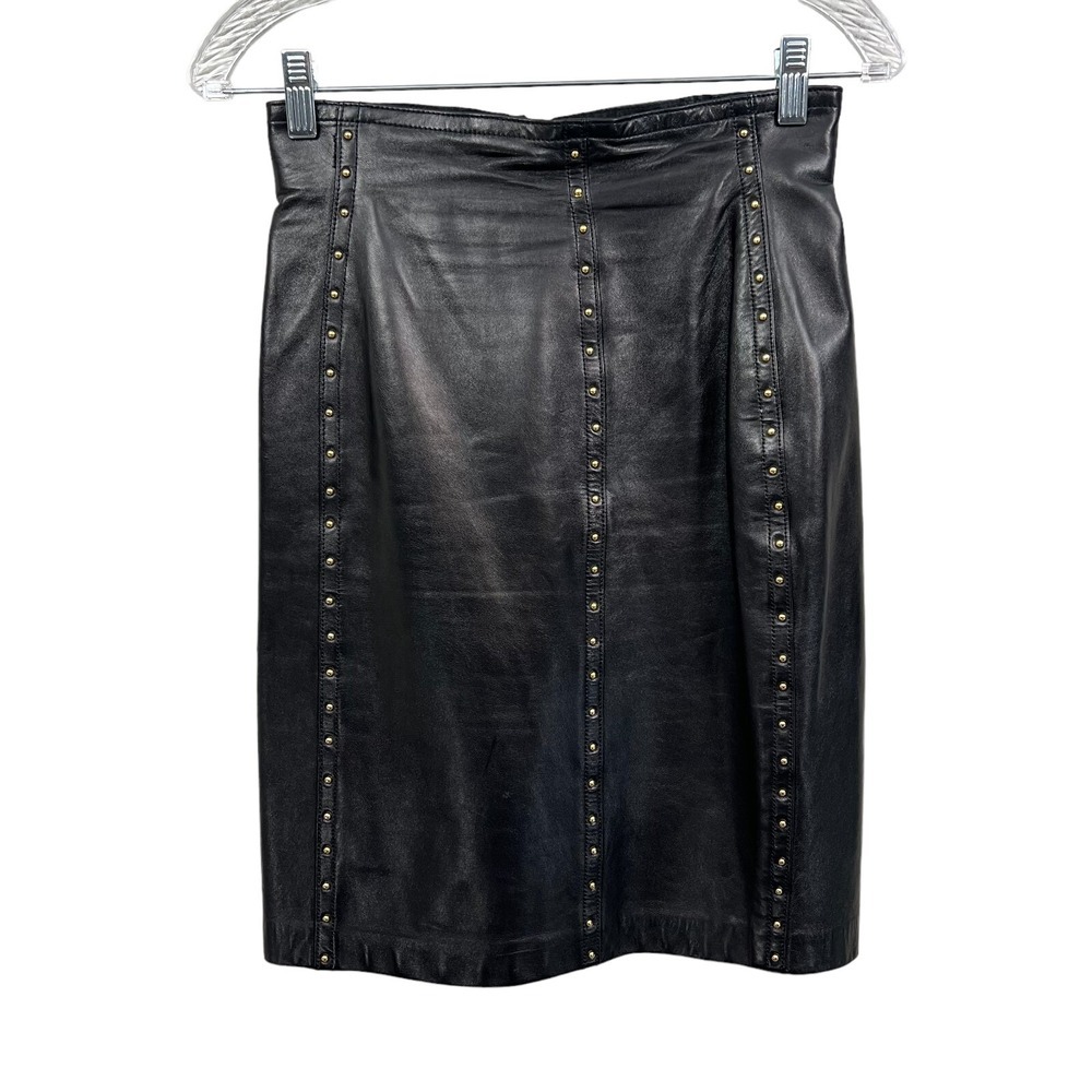 Escada Leather Pencil Skirt Gold Riveting Detail Lined Zip Black Women Size 34*